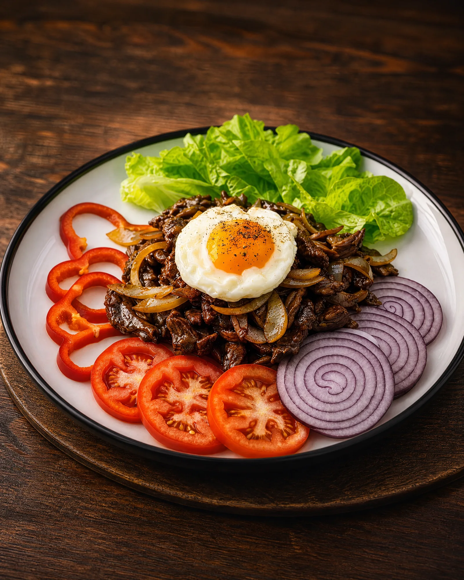 Beef Loc Lac with fried egg and fresh vegetables at ANGKOR Cambodian Flavours