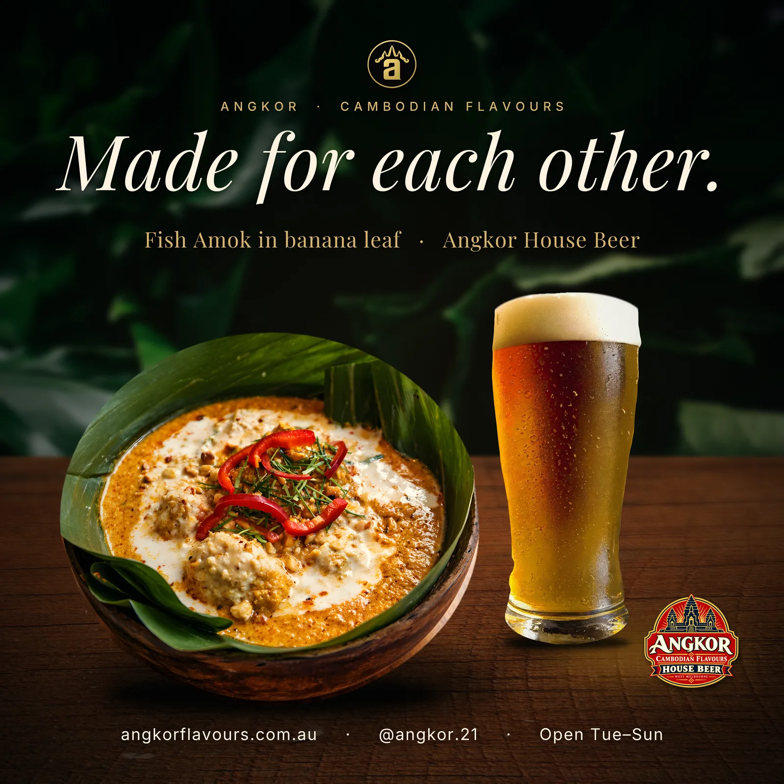Fish Amok in banana leaf beside a cold glass of Angkor House Beer